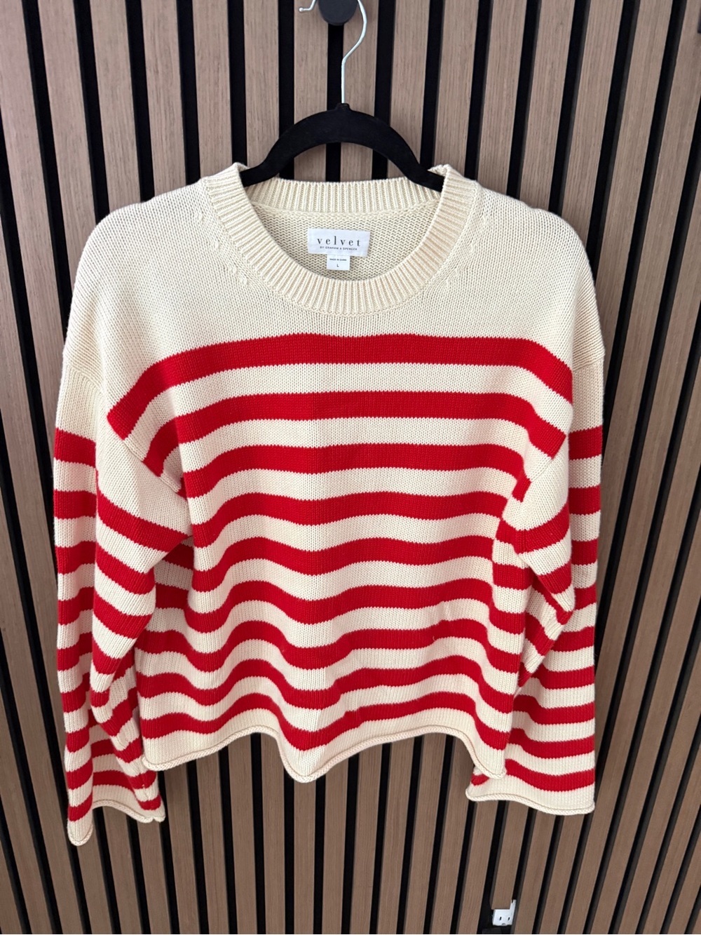 Velvet by Graham & Spencer Red and Cream Striped Scoop Crew Sweater